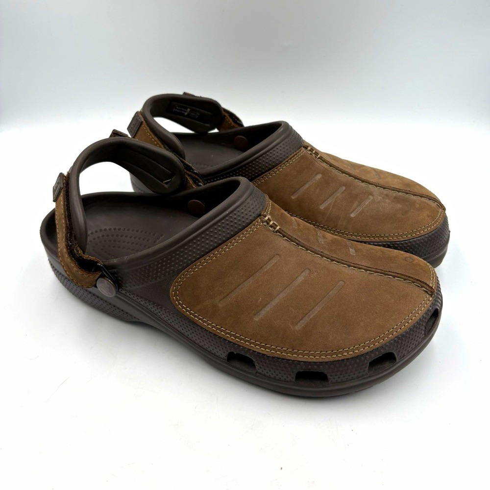Crocs Leather Clog Brown/Black Slip-On Adjustable Strap Men's US Size 10